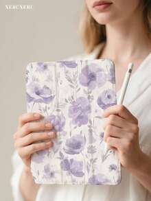 xercxerc Purple Floral Printed PU TPU Flip Case For  Pro 12.9/11/10.9, Air 10.9/10.5,  Mini 8.3,  9th/10th/11th Gen, A16 Case, With Stand, Pencil Slot, Shockproof, Auto Wake/Sleep, Fall/Back To School/Spring Accessories - Màu tím - Xem 6