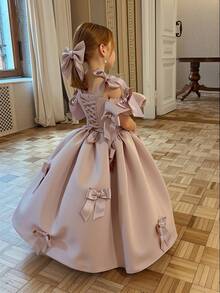 Young Girl's Pink Patchwork Bow Puff Sleeve Dress, Elegant Party Gown, Princess Dress Suitable For Girls' Birthday Party, Flower Girl Wedding, Bridesmaid, Prom, Luxury Evening Dress, Easter, Graduation - Pink - View 2