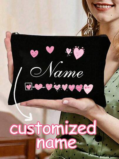 Bolsa de maquillaje lavable con patrón de corazón e impresión de nombre personalizada, bolsa de aseo portátil con diseño de corazón lindo, bolsa de maquillaje conveniente para mujeres, organizador de viaje con cremallera para cosméticos