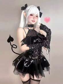 一套（项圈*1 + 连衣裙*1）性感泰迪熊内衣，万圣节角色扮演洛丽塔性感女巫恶魔宝贝服装 - 黑色 - 查看 9