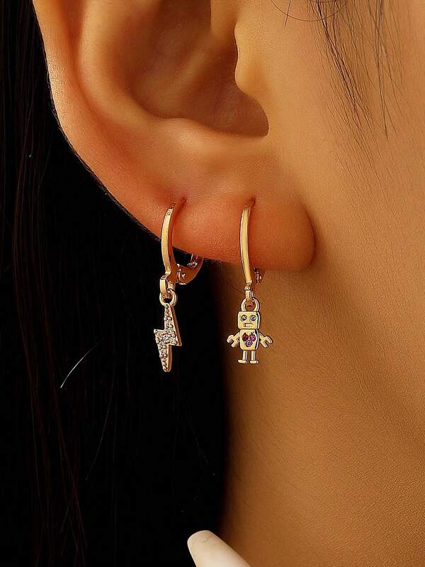 2pcs Delicate Rhinestone Copper Lightning Bolt Robot Pendant Earrings, Women's Earrings, Suitable For Daily, Party, Holiday, Valentine's Day, Gathering, Gift For Friends, Family, Couples, Jewelry