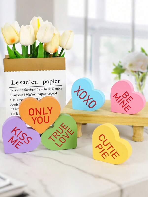 6pcs Wooden Heart Shaped Conversation Piece Decor For Tiered Tray, Shelf, Mantel - Freestanding, XOXO Galentine's Day Decoration, Valentine's Day Decor, Valentine's Kiss Decor, Sweet Embrace Valentine's Gift, Valentine's Day Ornaments