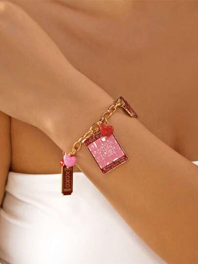 1 pieza Pulsera rosa decorativa con flores y corazones, ideal como regalo de San Valentín o para uso diario, adecuada para mujeres