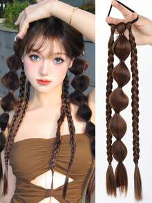 1PC Synthetic New Chinese Style Long Straight Hair Natural Lantern Bubble Braid Plait Ponytail Wig With Rubber Band Natural Fashion For Girls Kids Sweet CoolLong Braid Lantern Boxing High Ponytail - Multicolor - View 13