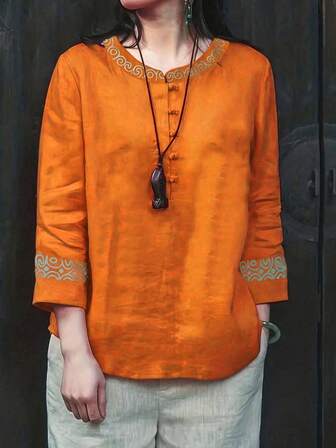 Women's Round Neck Color-Blocking Woven Casual Holiday Shirt