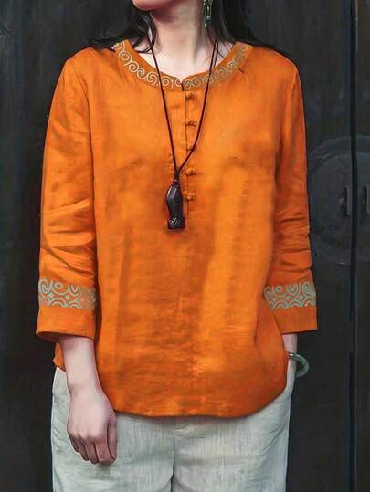 Women's Round Neck Color-Blocking Woven Casual Holiday Shirt