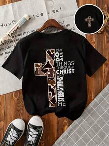 Young Boy Cross Print Round Neck Short Sleeve Casual T-Shirt - Black - View 2