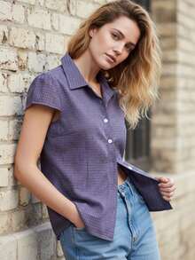 Camisa informal de verano a cuadros para mujer, color rojo, manga corta, cuello vuelto, botones y parte superior - Azul - Ver 4