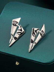 1 Pair Fashionable Punk Style Geometric Triangle Enamel Abstract Face Stud Earrings, Suitable For Women's Daily Wear, Beach, Travel, Social Occasions, Jewelry - Silver - View 4