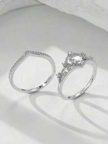 2pcs/Set Elegant Crown & Cubic Zirconia Copper Plated Ring Set, Perfect Valentine's Day Gift For Women - Silver - View 3