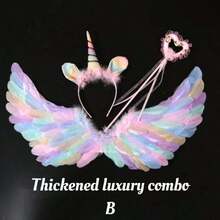 1 Set - Angel Feather Wings, Fairy Wand, Angel Headpiece, 3-Piece Toy Set, Wings, Feathers, Wand, "Random Color Feathers (Faux Feathers)", Angel Wings, Women's Angel Costume, Adult Angel Wings, Angel Costume, Wing Costume, White Wings, Black Wings, Black Angel Wings, Angel Halo, Creative Angel Feather Wings, Fairy Wand, Suitable As Christmas, Thanksgiving And Birthday Gift - Multicolor - View 1