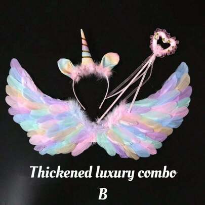 1 Set - Angel Feather Wings, Fairy Wand, Angel Headpiece, 3-Piece Toy Set, Wings, Feathers, Wand, "Random Color Feathers (Faux Feathers)", Angel Wings, Women's Angel Costume, Adult Angel Wings, Angel Costume, Wing Costume, White Wings, Black Wings, Black Angel Wings, Angel Halo, Creative Angel Feather Wings, Fairy Wand, Suitable As Christmas, Thanksgiving And Birthday Gift