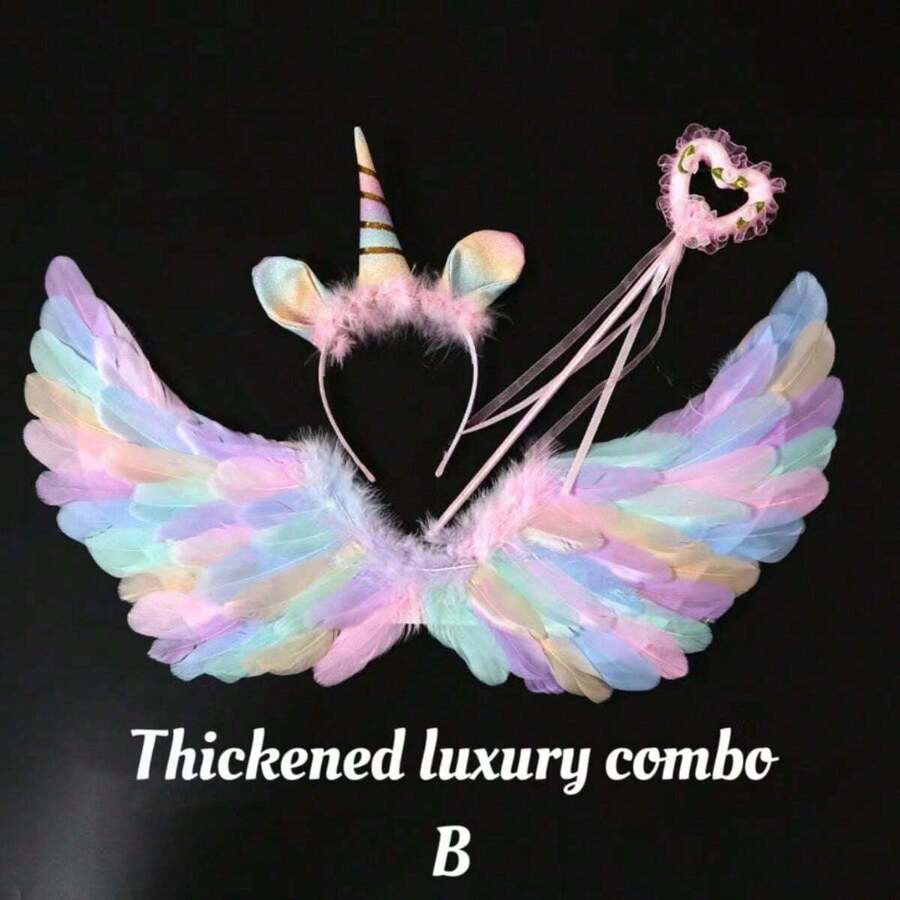 1 Set - Angel Feather Wings, Fairy Wand, Angel Headpiece, 3-Piece Toy Set, Wings, Feathers, Wand, "Random Color Feathers (Faux Feathers)", Angel Wings, Women's Angel Costume, Adult Angel Wings, Angel Costume, Wing Costume, White Wings, Black Wings, Black Angel Wings, Angel Halo, Creative Angel Feather Wings, Fairy Wand, Suitable As Christmas, Thanksgiving And Birthday Gift - Multicolor - View 1