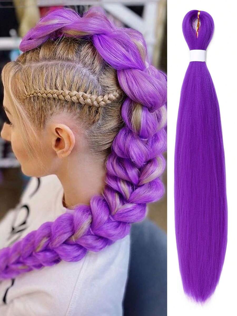 紫色编织假发接发 1 包 24 英寸预拉伸编织假发，女士紫色接发，适用于辫子、角色扮演、万圣节服装 - 彩色 - 查看 1