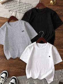 3件套夏季新款基础休闲圆领短袖T恤，简约Logo、数字和字母印花，百搭日常女装 - 黑白和深花灰 - 查看 3