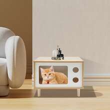 SENDERPICK Cuccia per gatti in legno massello di alta qualità, cuccia per gatti, a forma di TV con finestra, cuccia per gatti, rifugio per gatti per uso esterno, cuccia per gatti da interno, resistente alle intemperie per giardino/balcone, uso interno ed esterno, cuccia 50 * 29 * 40 cm, in legno - Colore legno naturale - 50*29*40cm - Visualizzare 1