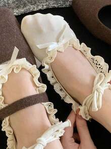 1pair White Ballet Shoes Socks For Women With Lace Tie Short Socks,Japanese Style, Fall - White - View 5