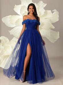 VIPGIRL Vestido de noche elegante de gasa azul real con hombros descubiertos, decorado con volantes florales y abertura alta - Vestido de gala formal para ocasiones especiales - azul real - Ver 1