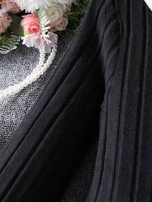 Girls Elegant Bow Collar Long Sleeve Dress, Suitable For Casual Daily Wear, Autumn - Black - View 5