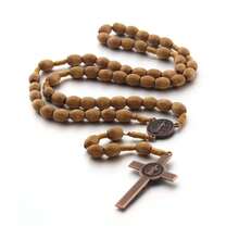 New Style 8mm Olive Wood Rosary Cross Necklace, Long Length, Natural Wooden Beads, Hand-Woven Beaded Bracelet/Necklace - 咖色 - 查看 5