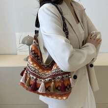 Torebka damska z frędzlami, torba na ramię, modna, geometryczna, pleciona, torba na ramię, torba listonoszka - Wielokolorowe - Zobacz 3