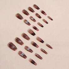 Dark Red Press On Nails French Coffin Fake Nails Tips Full Cover Butterfly Medium False Nails For Women And FFgirls 24PCS{Inchcolor_nameinch:InchNails-09inch} - 指甲-09 - 查看 4