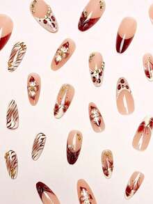 24pcs/Set Elegant Gradient Pink & White Almond-Shaped Nail Stickers With 3D Floral & Pearl Decor, Includes Gel Polish And Nail File, Suitable Girls/Women Daily, Party, Autumn Nails - 多色 2 - 查看 4