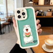 Cubierta de teléfono con borde negro y fondo verde claro con diseño de hámster blanco comiendo sandía para uso diario en cafeterías y espacios urbanos Aplicable a los teléfonos de la serie Apple y Galaxy - Negro - Ver 3
