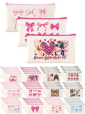 Y2K Stil süße rosa & fuchsia Schleife, Herz, Leopardenmuster Denim Mädchen Thema Leinwand Reißverschlusstasche Make-up Tasche Schmuckorganizer Set, Mehrzweck Münzbeutel, Kosmetiktasche, Stiftetasche, Party Geschenktüte, ideales Geschenk für weibliche Freunde, Schwestern, Brautjungfern, Valentinstag, Geburtstag, Weihnachten