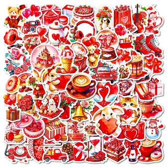 56Pcs Red Valentine's Day Theme Stickers, Heart Animal Plant And Other Valentine's Day Related Pattern Stickers For Laptop, Water Bottle, Notebook, Valentine's Day Party Favors, Decor, Phone, Skateboard, Guitar, Cartoon Vinyl Waterproof Stickers For School Teachers, Students, Teens, Valentine's Day Decorations, Unique Decorations