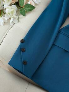Solid Color Single Button Long Sleeve Single-Breasted Waistcoat Suit Pants Two-Piece Set - Blue - View 6