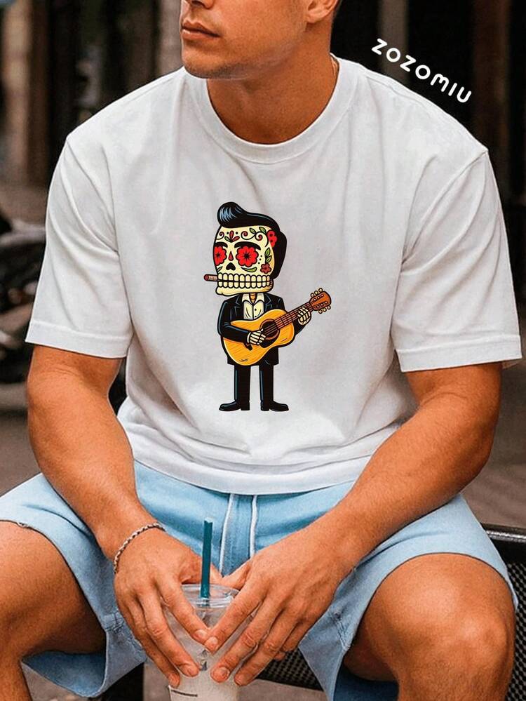 Skull Guitarist(100 percent cotton 180g T-shirt)Ropa Masculina de Alta Calidad Camiseta de manga corta holgada con estampado de moda para hombre | Diseño exquisito - Blanco - Añade 1