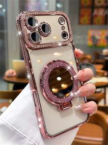 Luxury Sparkling Rhinestone Lens Protection Coated Anti-Drop Phone Case With Glitter Makeup Mirror Stand Holder, Compatible With IPhone 17 Pro Max, 17 Pro, 17, 16 Pro Max, 15, 14 Plus, 13, 12 Pro Max, 11, 17 Air, High-Quality Shockproof Protective Cover - Pink - View 3