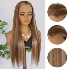 Stunning Brown MIxed Blonde Hair Synthetic Lace Front Wigs For Women 26 Inch Pre Plucked Long Straight Hair Wigs 13X4 HD Lace Wigs Glueless Heat Resistant Halloween Wigs Long Silky Straight For Daily Christmas Party Cosplay Use - Piano Color - View 7