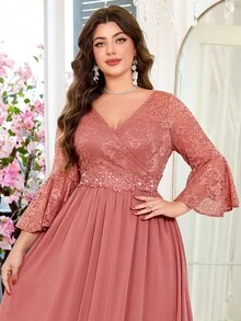 Robe de soirée formelle en mousseline de soie avec contraste de dentelle florale et de paillettes à la taille, manches à volants et col en V. Élégante pour le bal de promo, les invités de mariage, les anniversaires, les remises de diplômes, les occasions printanières - Vieux Rose - Voir 8