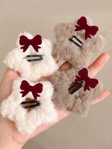 4pcs Women's Autumn/Winter Plush Star Bow Barrettes, Cute & Elegant Side Bangs Decor Hair Clips, Korean Style Versatile Hair Accessories Suitable For Daily Wear, Accessories Y2k, Claw Clips, Hair Claws, Hair Slide, Fall Fashion, Bows - Multicolor - View 19