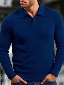 Polo para hombre de manga larga, ideal para otoño e invierno. Con diseño acanalado de líneas verticales, tejido suave y cómodo, cuello clásico y ajuste moderno. Perfecto para combinar con jeans y pantalones casuales, ofrece un estilo elegante y versátil para reuniones, trabajo o salidas cotidianas, brindando sofisticación y confort en todo momento. - azul real - Ver 3