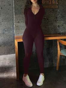 Mystra 女士休闲撞色罗纹拉链连体裤 - 中紫紅色 - 查看 6