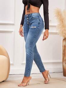 Jean skinny taille mi-haute déchiré - Denim stretch avec braguette à boutons, pantalon slim classique délavé et déchiré - Jean bleu - Voir 5