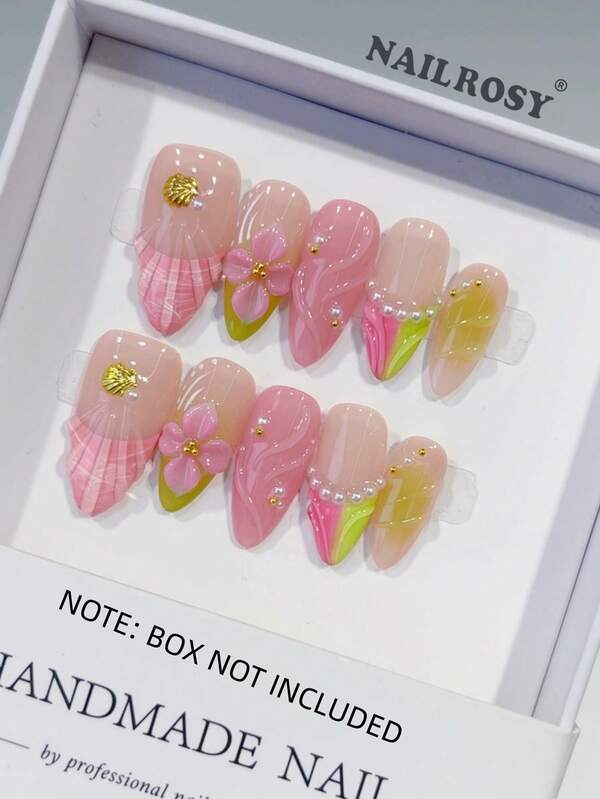 nailrosy 10 peças de unhas de acrílico artesanais, roxo, branco, transparente, médio, amêndoa, pontas de unhas, curtas, florais 3D, suprimentos para unhas, pontas de unhas postiças, ferramentas para unhas, para casamento, aniversário, festa, Y2K, unhas fofas, estilo francês