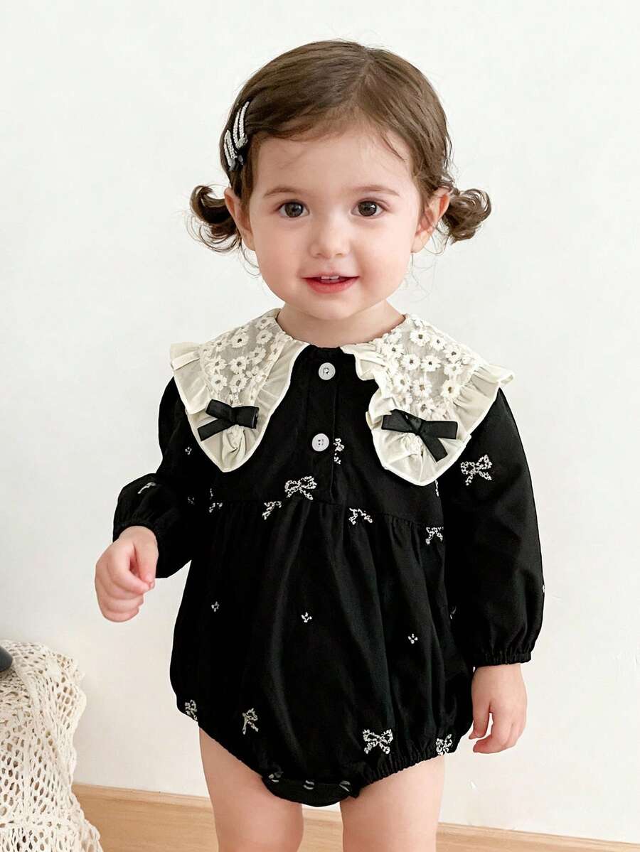 寶寶女孩新款刺繡長袖蝴蝶領連體衣，適用於春秋季節
