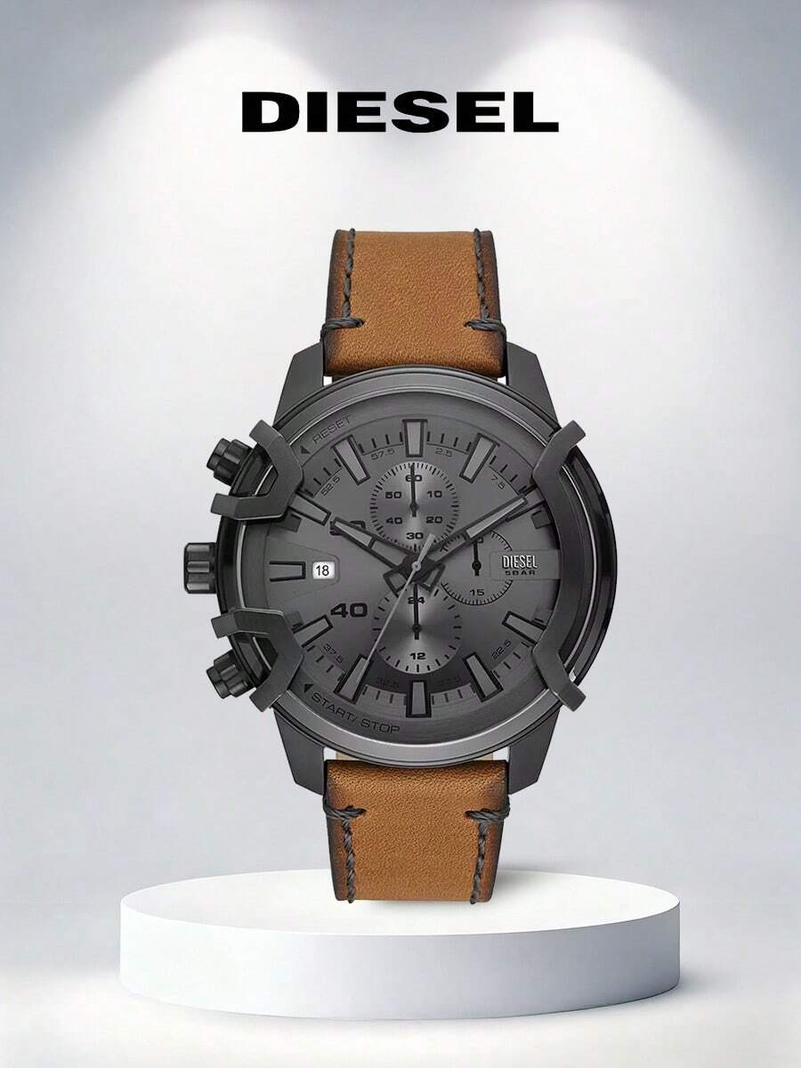 Diesel 1 Reloj Diesel Griffed Cronógrafo para Hombres - Caja de acero inoxidable negro de 48 mm, Esfera negra con índices de barras, Correa de cuero negro, Resistente al agua 50 M - DZ4569