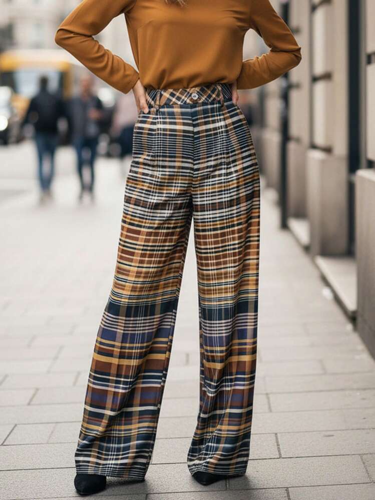 Lightweight Brown Plaid Wide-Leg Trousers For Summer, With Pockets, Versatile For Everyday Wear And Commuting - Mocha Brown - View 3