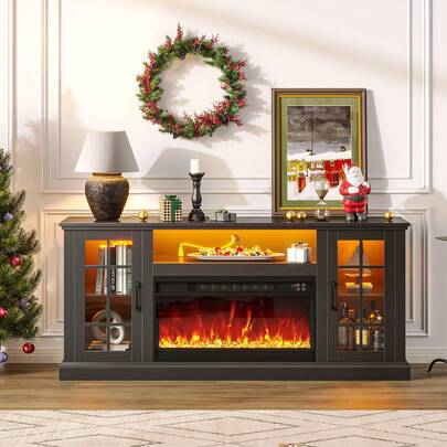 GREENSTELL Fireplace TV Cabinet - A Multi-Functional Storage Media Control Unit Equipped With 2 Storage Cabinets And 1 Open Shelf For TV Set-Top Boxes, Speakers, And Decorative Items. The Waterproof And Scratch-Resistant Surface Is Easy To Clean, And Cable Management Holes Facilitate Cable Organization. Anti-Tipping Straps Ensure Stability. Easy To Assemble, It Can Be Used As A Home Theater Storage Cabinet. Suitable For Living Rooms, Bedrooms, Apartments, And Other Spaces, Its Modern Classic Style Complements Various Home Décor Styles, Including Industrial, Country, And Contemporary.