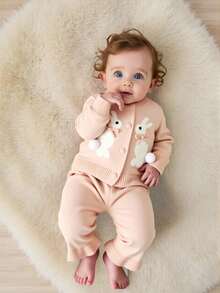 2pcs Baby Girls Cute Rabbit Bow Pattern Pink Long Sleeve Knitted Cardigan And Pink Knitted Pants Set, Comfortable And Warm, Suitable For Daily, Vacation, School, Spring, Autumn, Winter