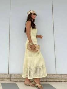 Lace Flared Dress, Beachwear, Elegant Style. - Yellow - View 2