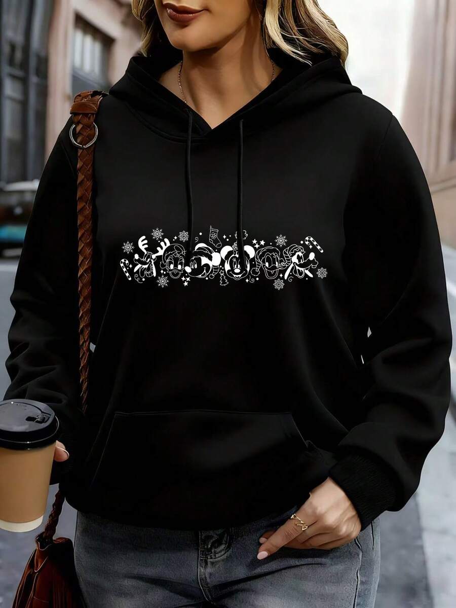 Disney Women Hoodie White Mickey Mouse And Friends Christmas Print Casual Outfit For Daily Wear - 黑色 - 查看 1