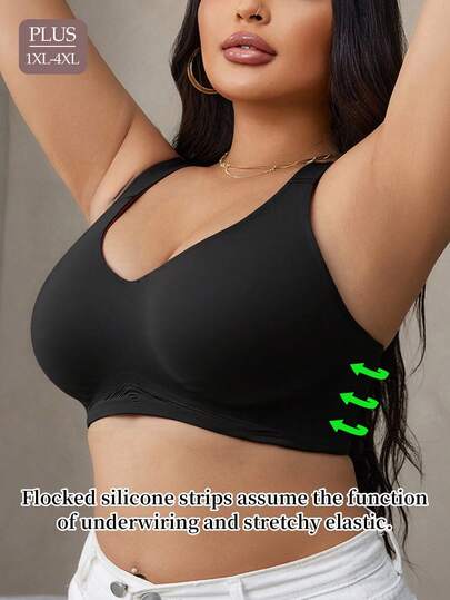 1 st. svart, heltäckande BH utan bygel, bekväm, andningsbar sport-/yoga-BH, elegant, minimalistisk vardags-BH, för kvinnor i plusstorlek