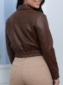 Women's Faux Leather Jacket Long Sleeve Front Pockets - 鏽棕色 - 查看 2