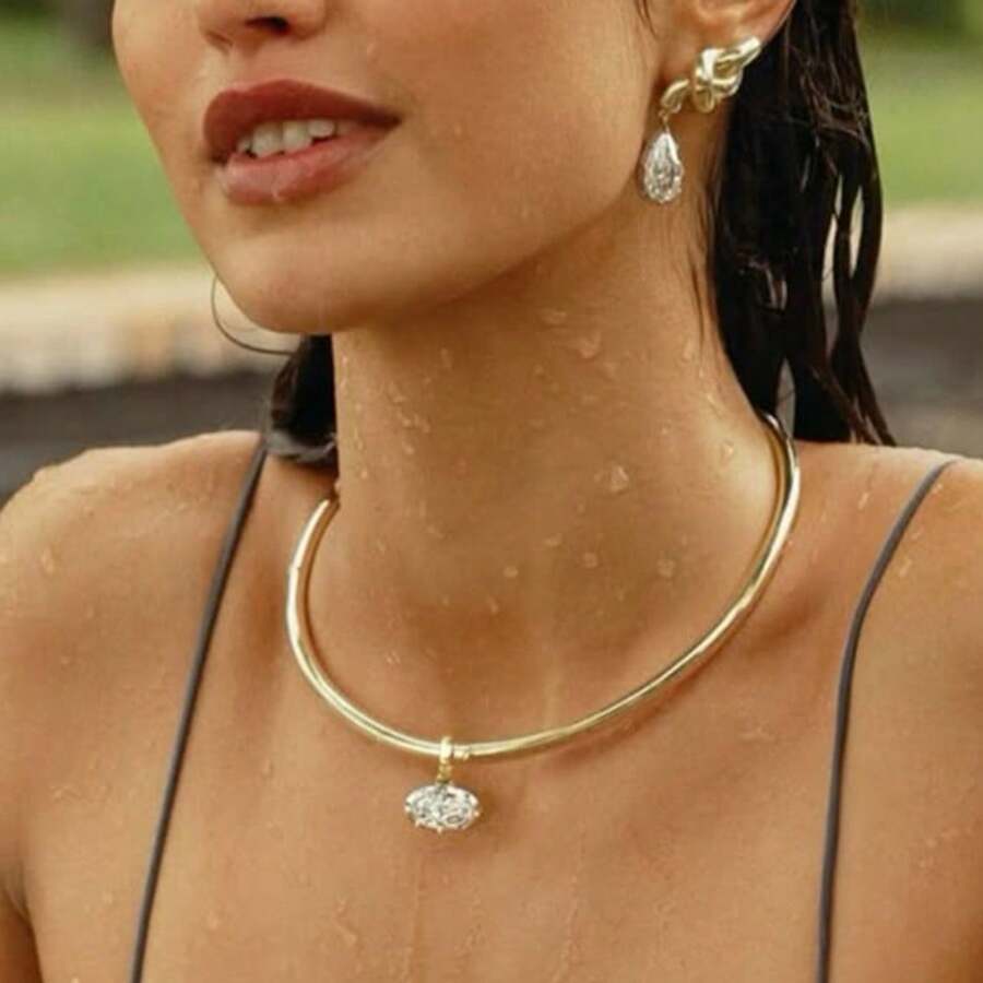 A New Water Drop Collar Personality Gold Circle Adjustable Collar Elegant Versatile Necklace Vacation Party Gift - 銀色 - 查看 1